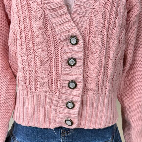 Vintage 90s Y2k Pink Cable Knit Cardigan Sweater Coquette Dolly Dollette S M - Picture 4 of 8